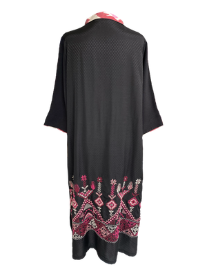 Black Dress With Ikat Trim and Fuschia Hand Embroidery on the Back