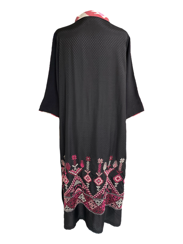 Black Dress With Ikat Trim and Fuschia Hand Embroidery on the Back