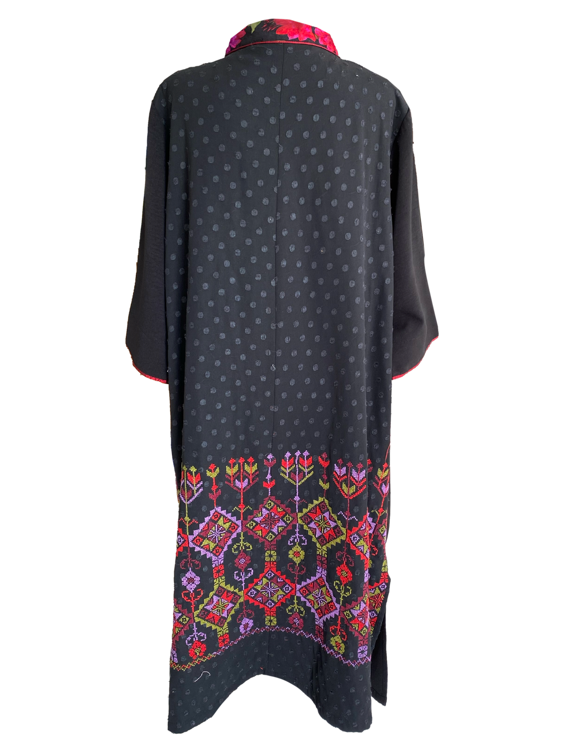 Black Dress With Silk Trim and Pink Hand Embroidery on the Back