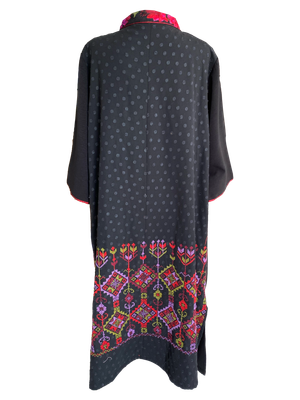 Black Dress With Silk Trim and Pink Hand Embroidery on the Back