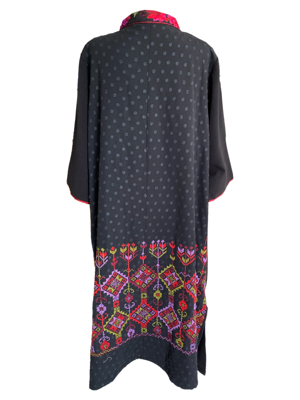Black Dress With Silk Trim and Pink Hand Embroidery on the Back