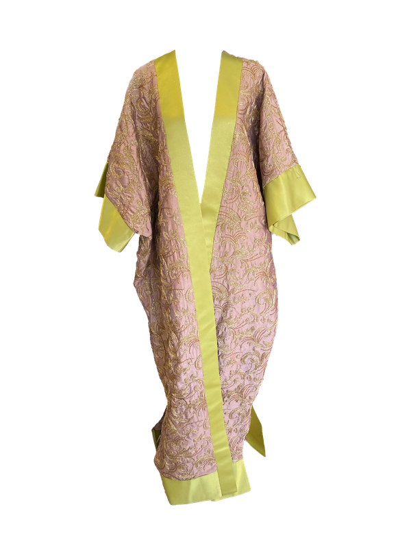 Pink Metallic Abaya With Green Silk Trim