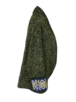 The Round Jacket in Black and Yellow Tweed With Machine Embroidered Cuffs