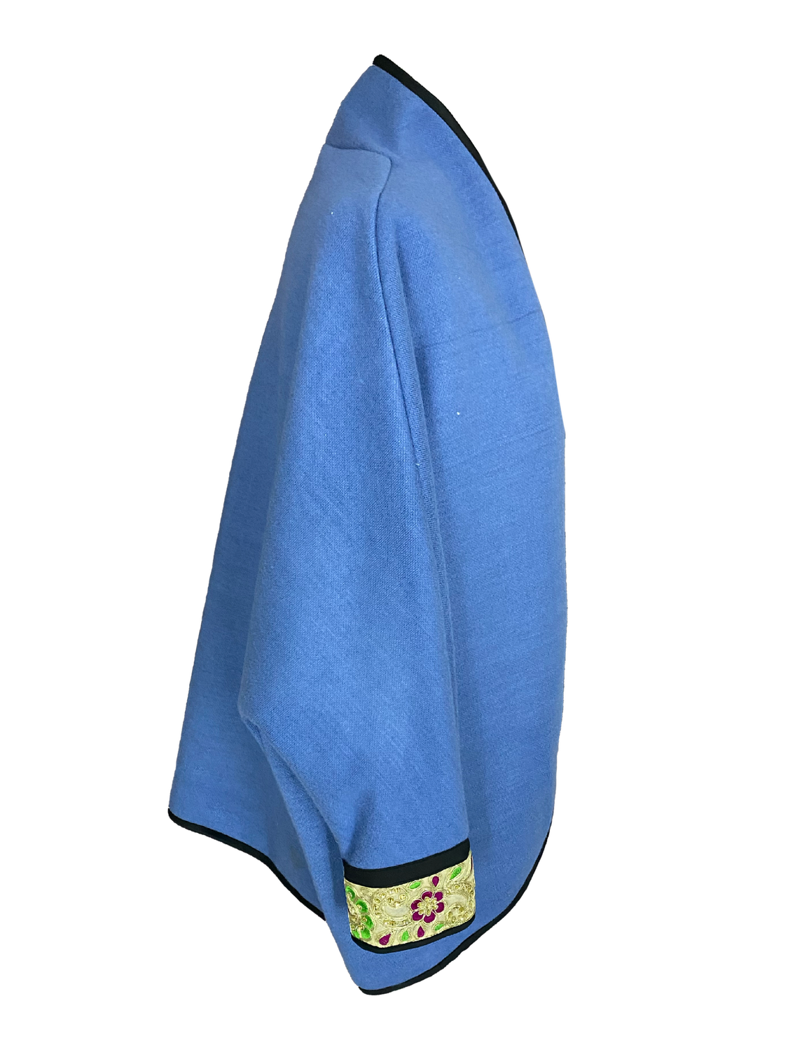 The Round Jacket With Machine Embroidered Cuffs in Blue, Embroidery Style: Purple and Green and Gold