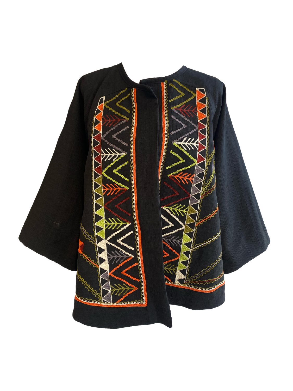Kimono Cut Jacket With Syrian Style Orange and Green Embroidery
