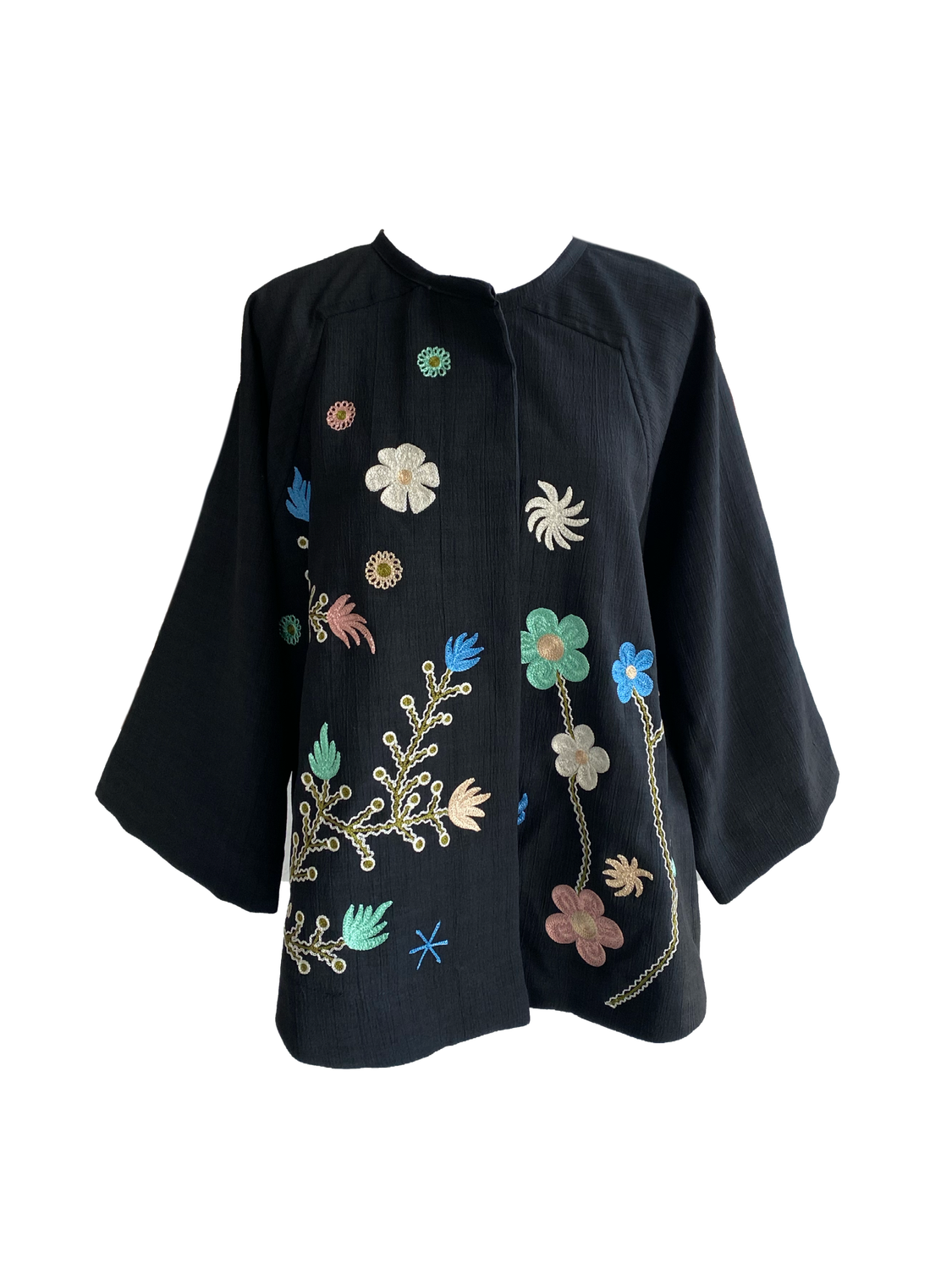Kimono Cut Jacket With Floral Embroidery in Pastels