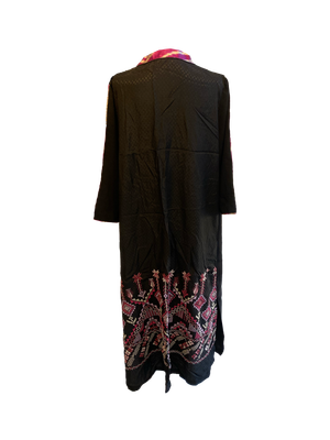 Black Dress With Ikat Trim and Red Hand Embroidery on the Back