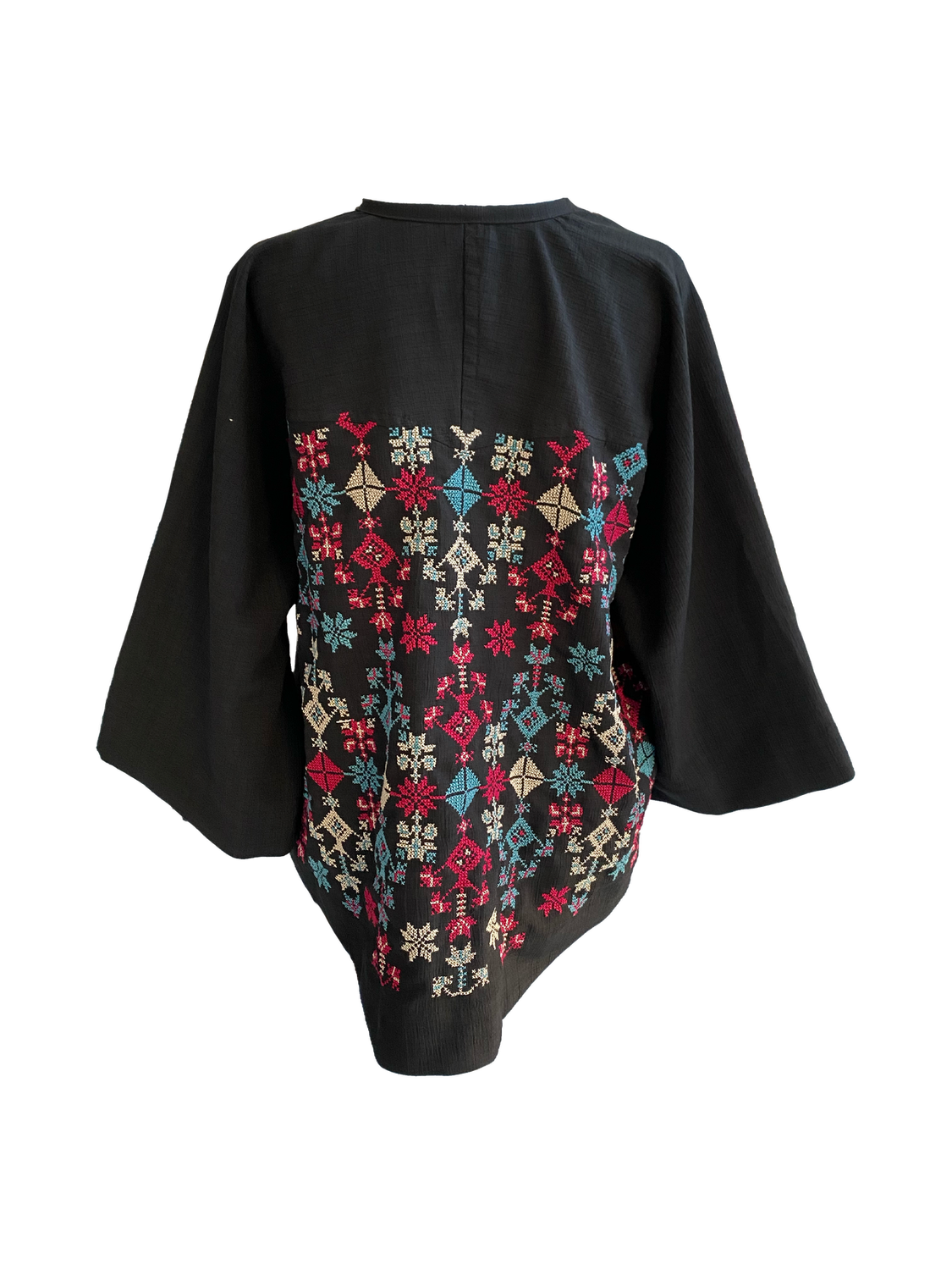 The Kimono Cut Jacket in Black with Pink and Blue Hand Embroidery