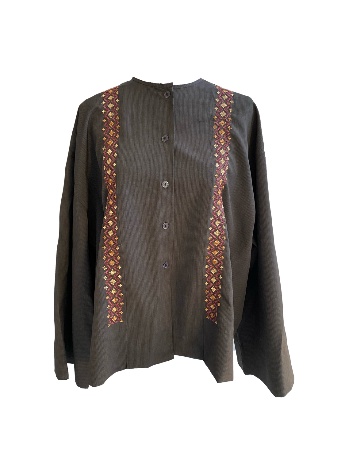 Grey Shirt With Wide Sleeves and Orange Hand Embroidery