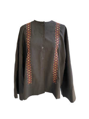 Grey Shirt With Wide Sleeves and Orange Hand Embroidery