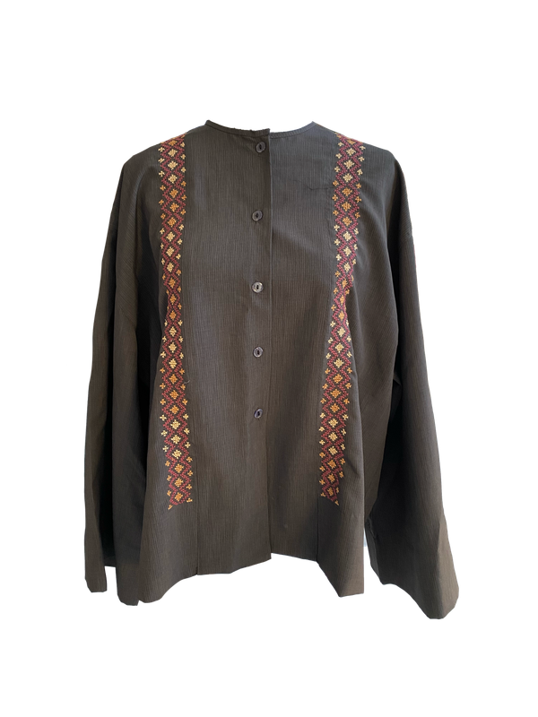 Grey Shirt With Wide Sleeves and Orange Hand Embroidery