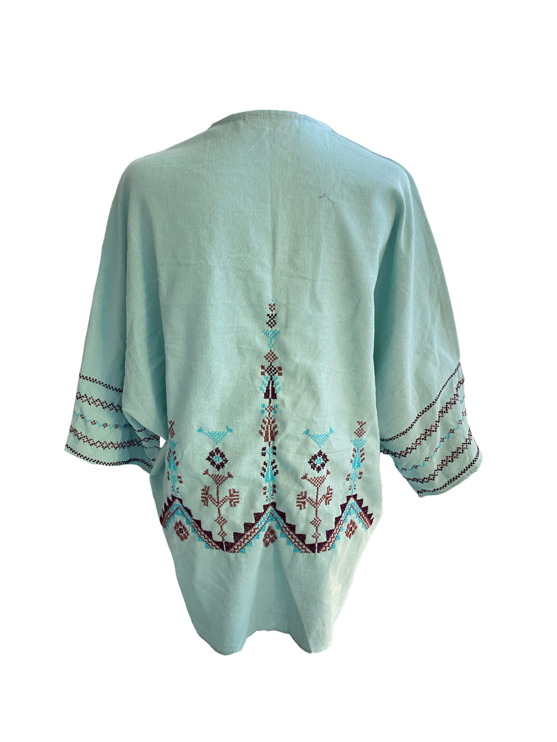 The Short Sleeve Linen Jacket With Hand Embroidery in Blue and Pink