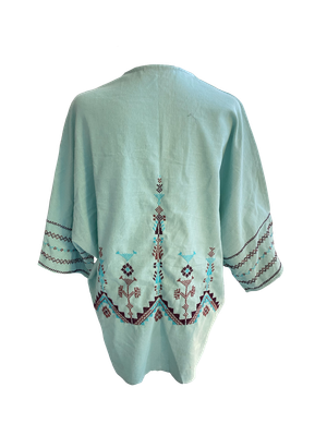 The Short Sleeve Linen Jacket With Hand Embroidery in Blue and Pink