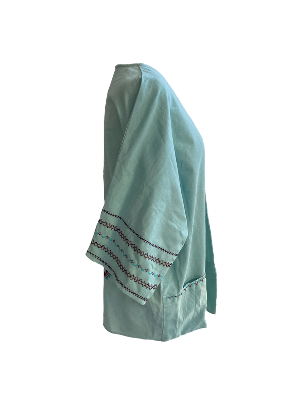The Short Sleeve Linen Jacket With Hand Embroidery in Blue and Pink