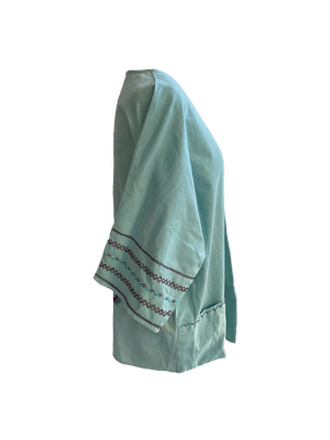 The Short Sleeve Linen Jacket With Hand Embroidery in Blue and Pink