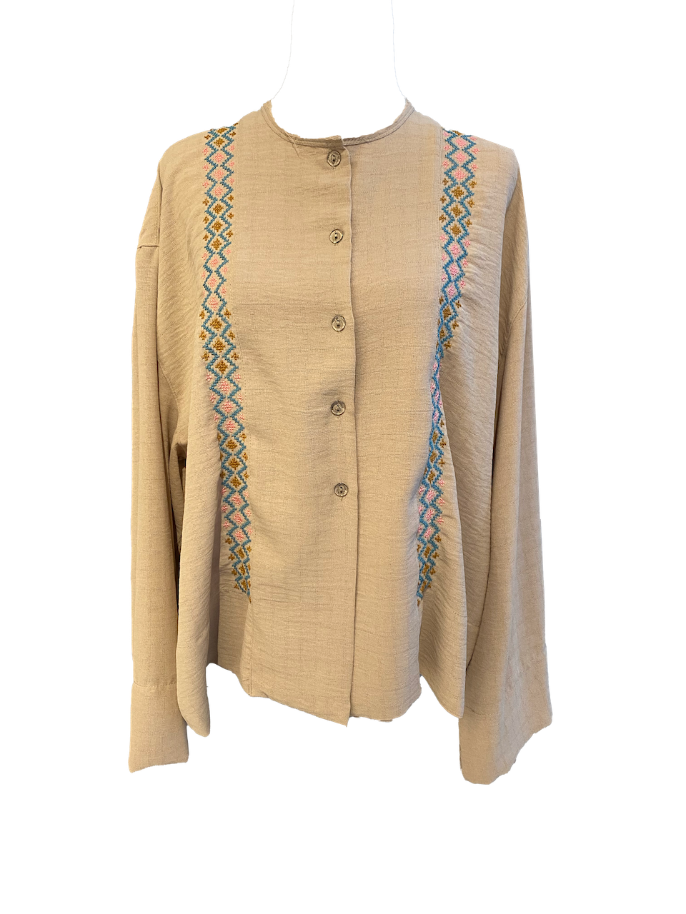 Pink Hand Embroidered Shirt With Wide Sleeve with Blue, Pink and Brown Embroidery