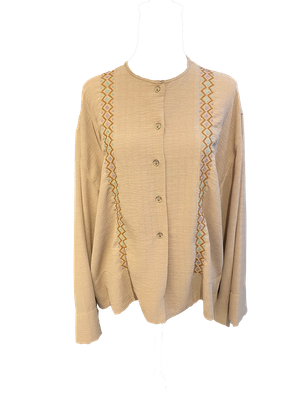 Pink Hand Embroidered Shirt With Wide Sleeve with Ochre, Pastel Green and Lavender Embroidery