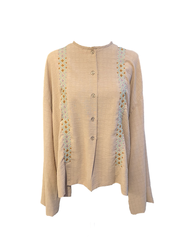 Pink Hand Embroidered Shirt With Wide Sleeve with Mint Green, Lavender and Orange Embroidery