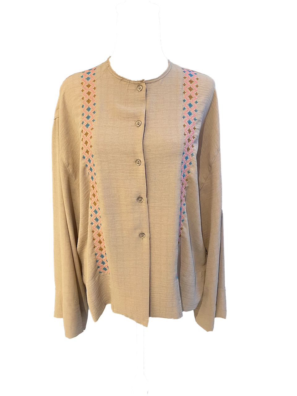 Pink Hand Embroidered Shirt With Wide Sleeve with Neon Pink Embroidery