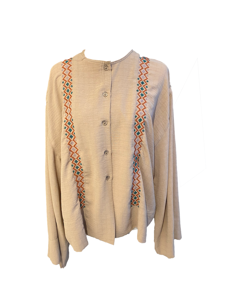 Pink Hand Embroidered Shirt With Wide Sleeve with Orange, Teal and Baby Pink Embroidery