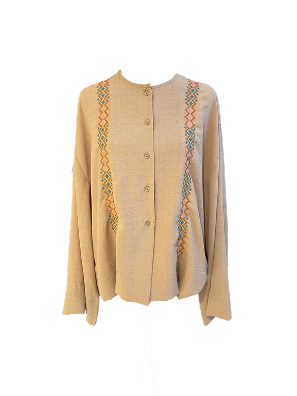 Pink Hand Embroidered Shirt With Wide Sleeve with Pink, Blue and Brown Embroidery