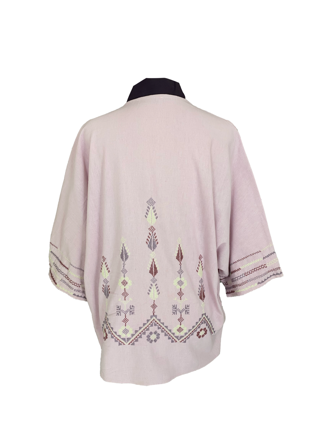 he Short Sleeve Linen Jacket With Heavy Hand Embroidery in Dark Purple