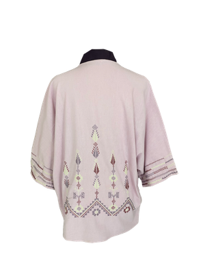 he Short Sleeve Linen Jacket With Heavy Hand Embroidery in Dark Purple