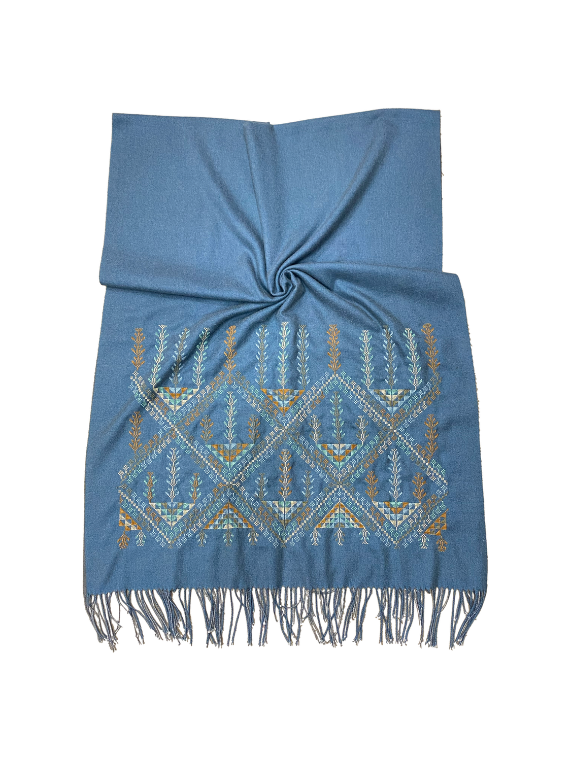 The Embroidered Scarf in Blue Wool