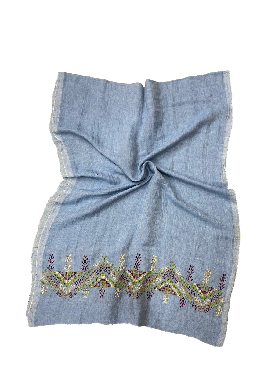 The Embroidered Egyptian Cotton Scarf in Light Blue