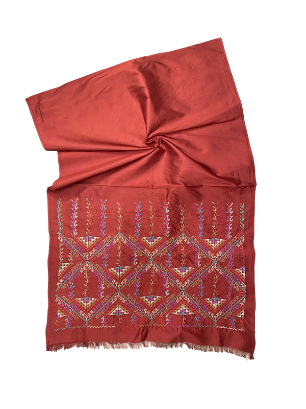 The Embroidered Double Width Thai Silk Scarf in Burgundy