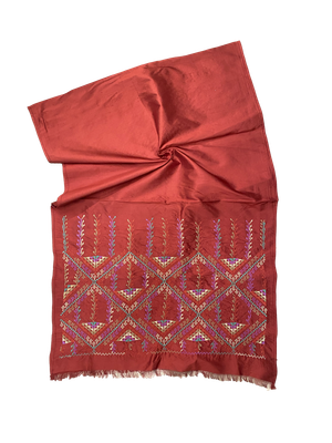 The Embroidered Double Width Thai Silk Scarf in Burgundy