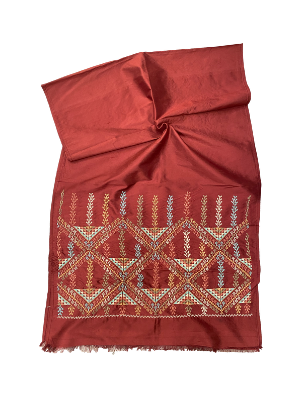 The Embroidered Double Width Thai Silk Scarf in Burgundy