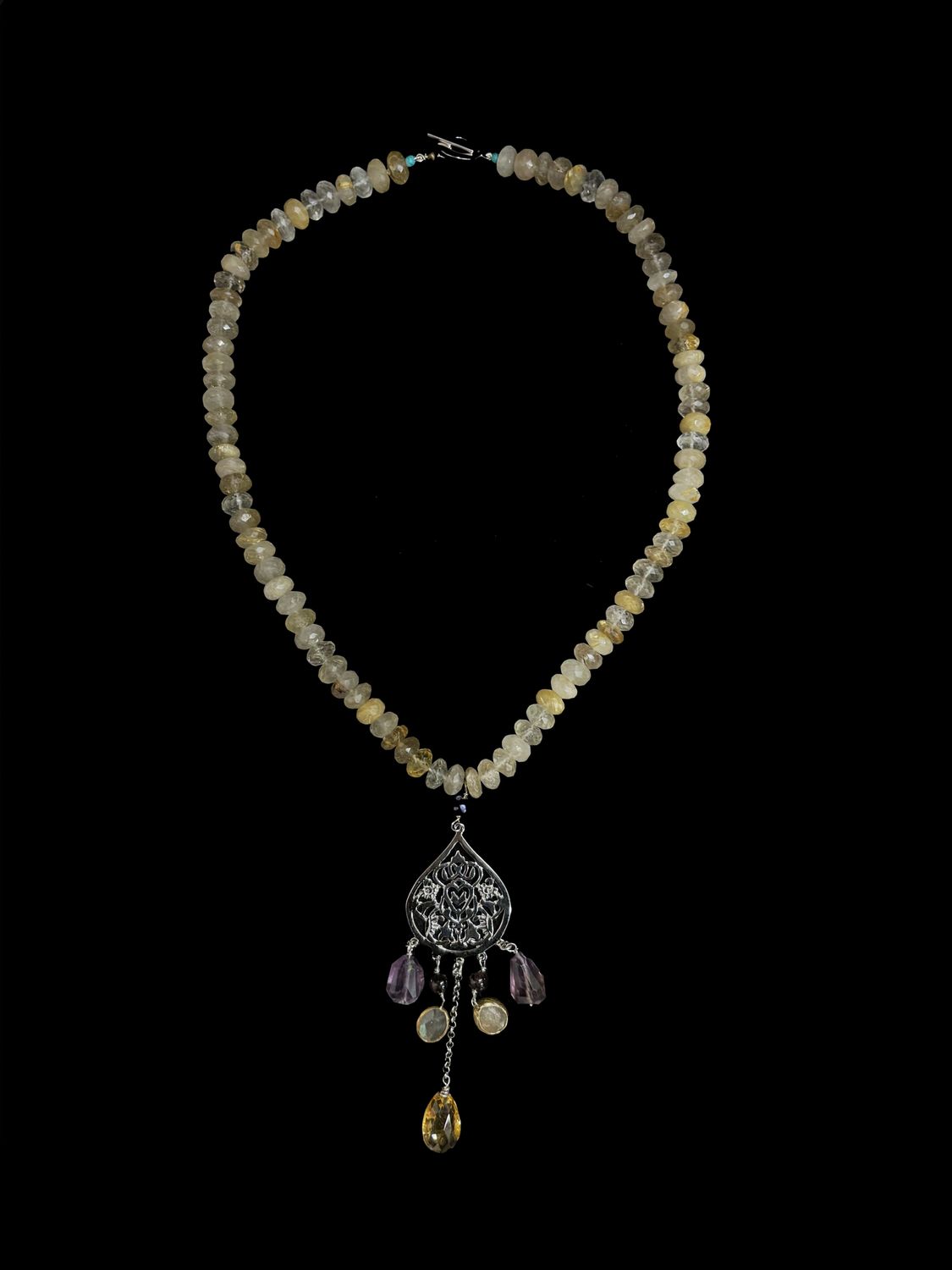 Large Arabesque Necklace With Citrines and Multi-Gemstone Drop