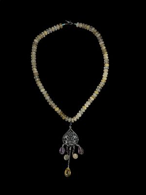 Large Arabesque Necklace With Citrines and Multi-Gemstone Drop