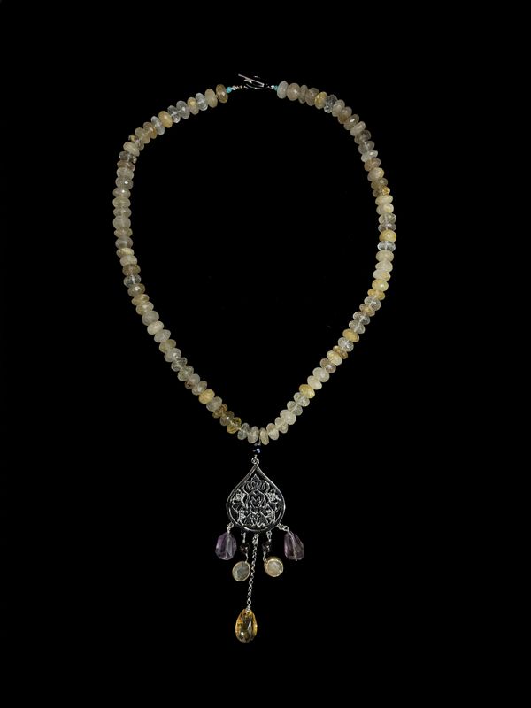 Large Arabesque Necklace With Citrines and Multi-Gemstone Drop