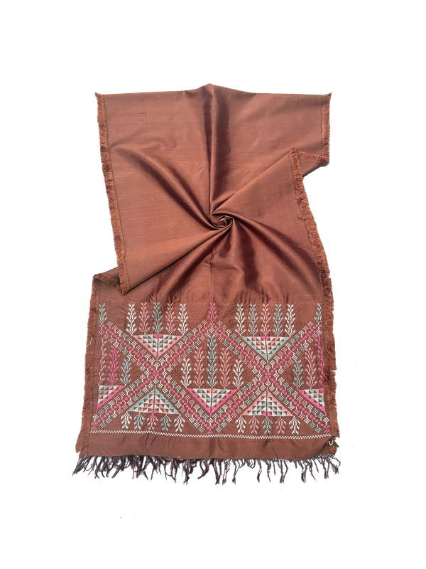 The Hand Embroidered Thai Silk Scarf in Burgundy