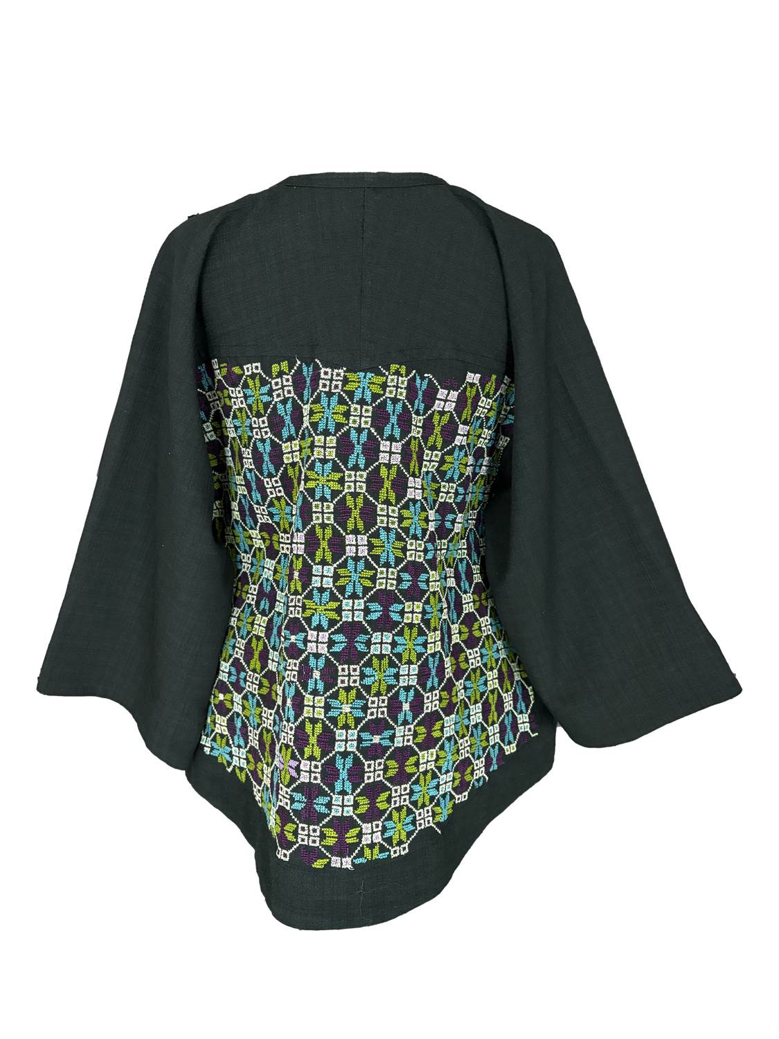 The Kimono Cut Jacket in Black with Purple and Green Hand Embroidery