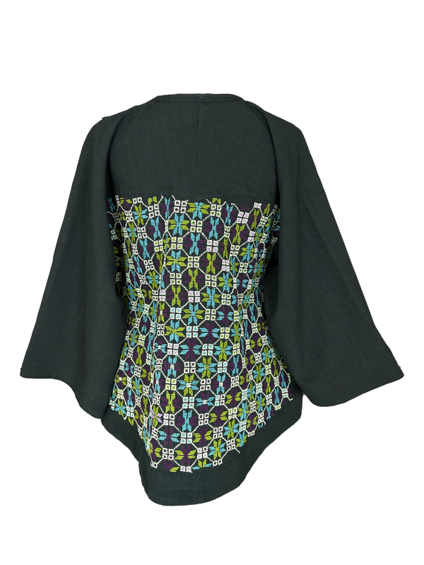 The Kimono Cut Jacket in Black with Purple and Green Hand Embroidery