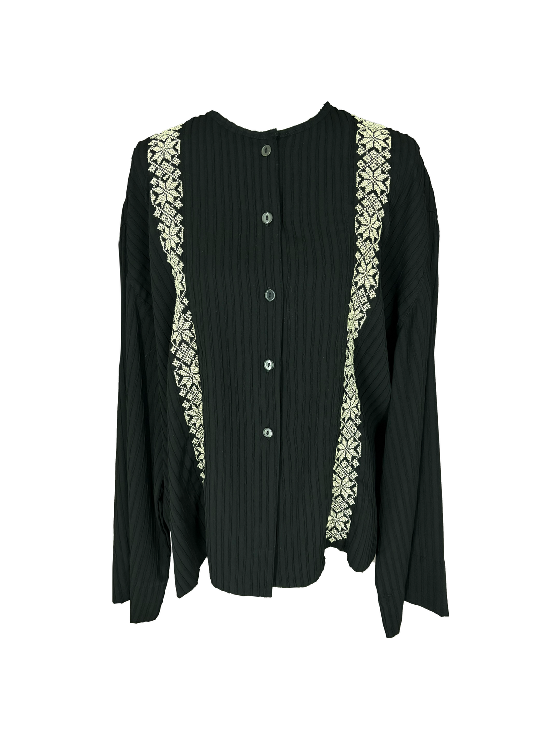 Black Hand Embroidered Shirt With Wide Sleeves and White Embroidery