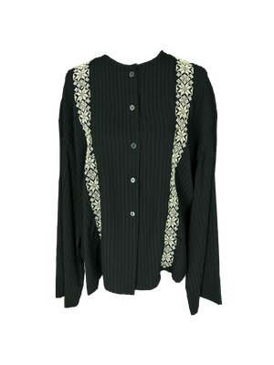 Black Hand Embroidered Shirt With Wide Sleeves and White Embroidery