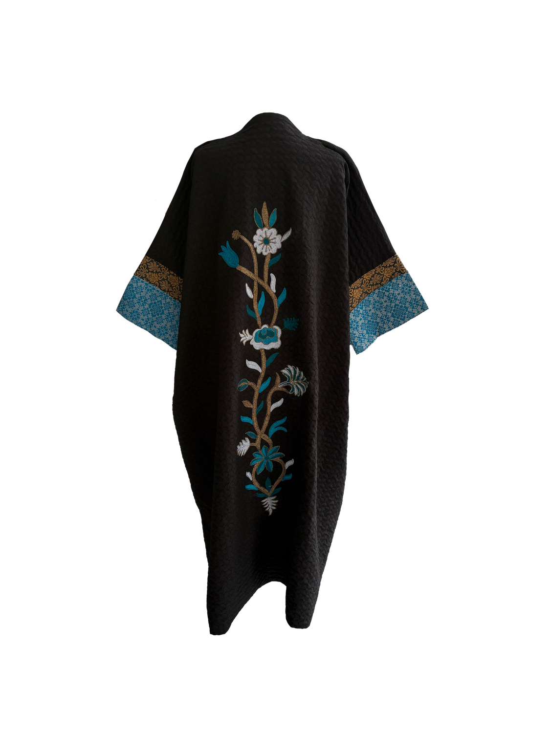 The Aghabani Abaya in Black with Blue Silk and Gold Embroidery