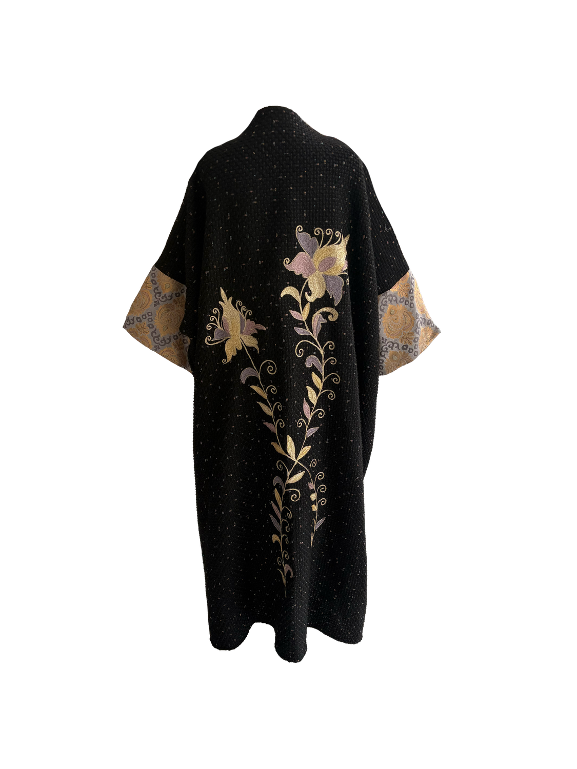 The Aghabani Abaya in Black with Grey Silk and Gold and Purple Embroidery