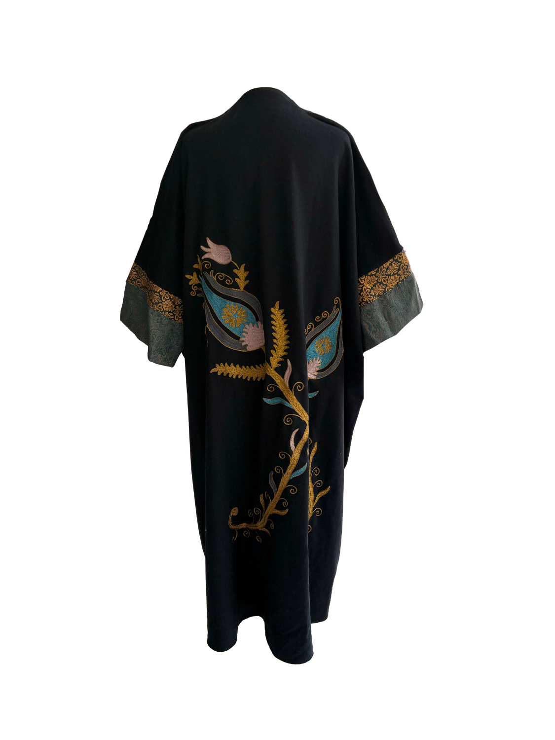 The Aghabani Abaya in Black with Navy Blue Silk and Gold Embroidery