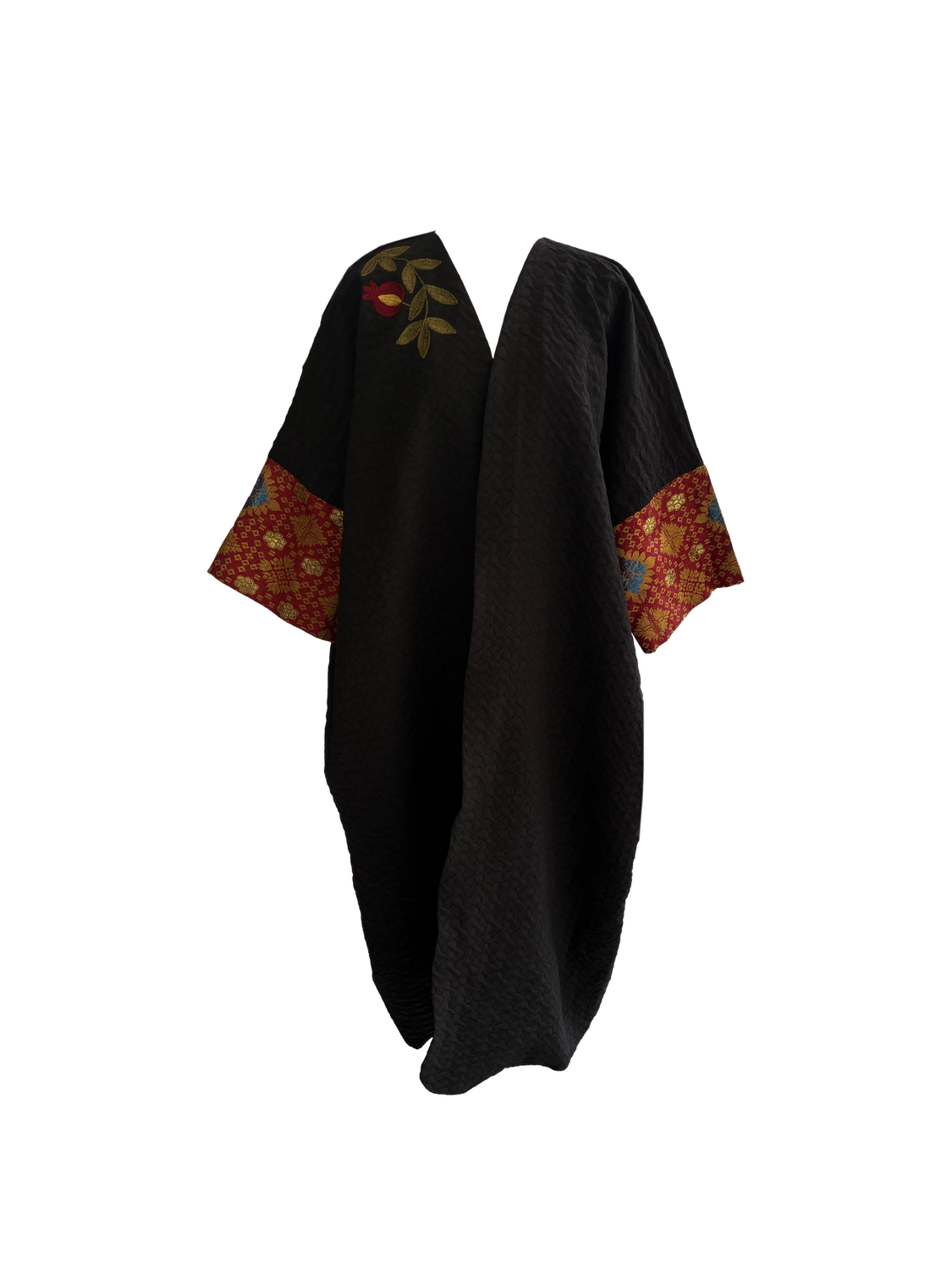 The Aghabani Abaya in Black with Red Silk and Gold Embroidery