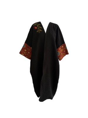 The Aghabani Abaya in Black with Red Silk and Gold Embroidery