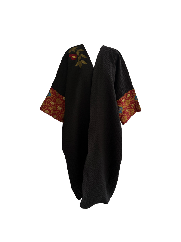 The Aghabani Abaya in Black with Red Silk and Gold Embroidery