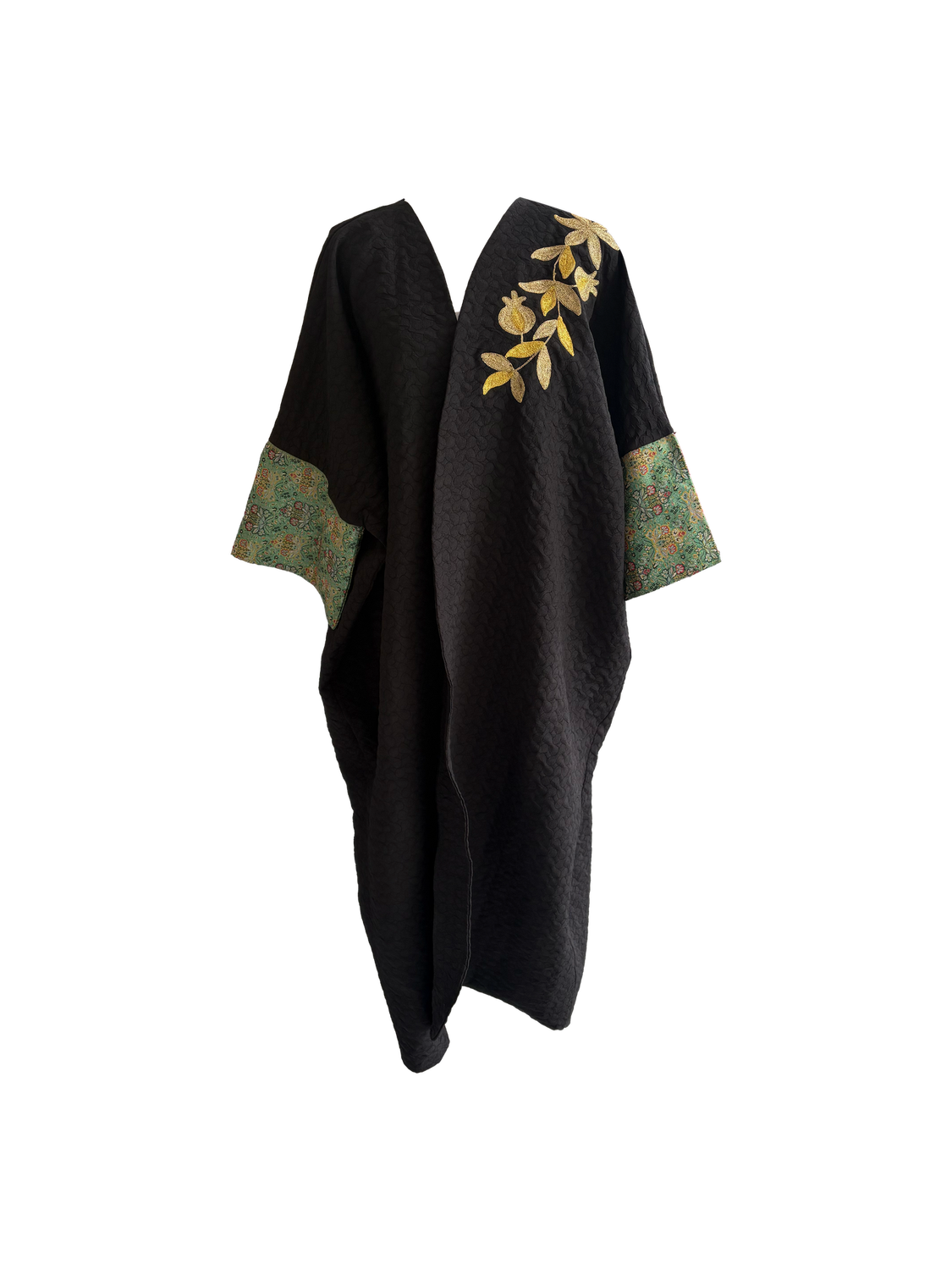 The Aghabani Abaya in Black with Green Silk and Gold Embroidery