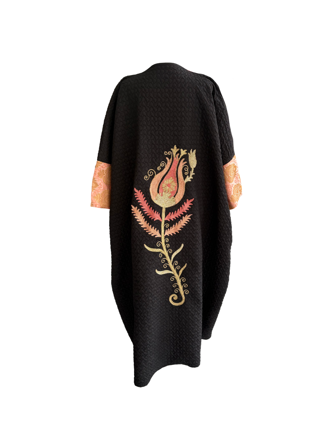 The Aghabani Abaya in Black with Pink Silk and Gold Embroidery