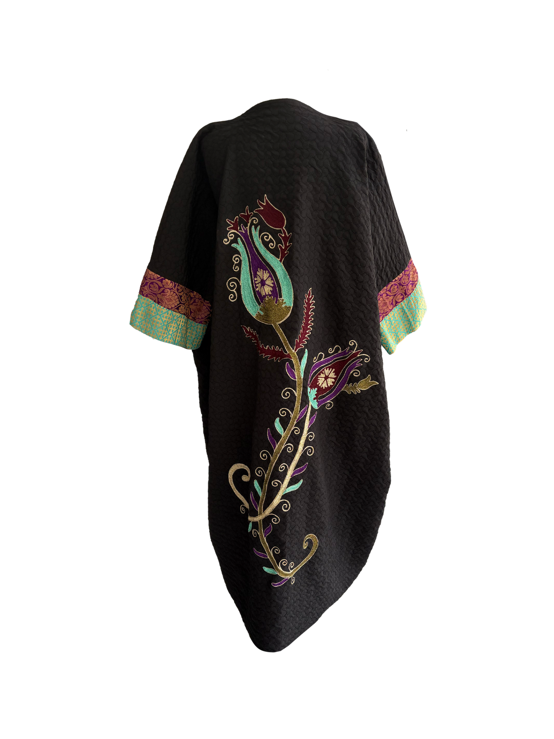 The Aghabani Abaya in Black with Green and Purple Silk and Gold Embroidery