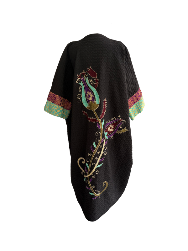 The Aghabani Abaya in Black with Green and Purple Silk and Gold Embroidery